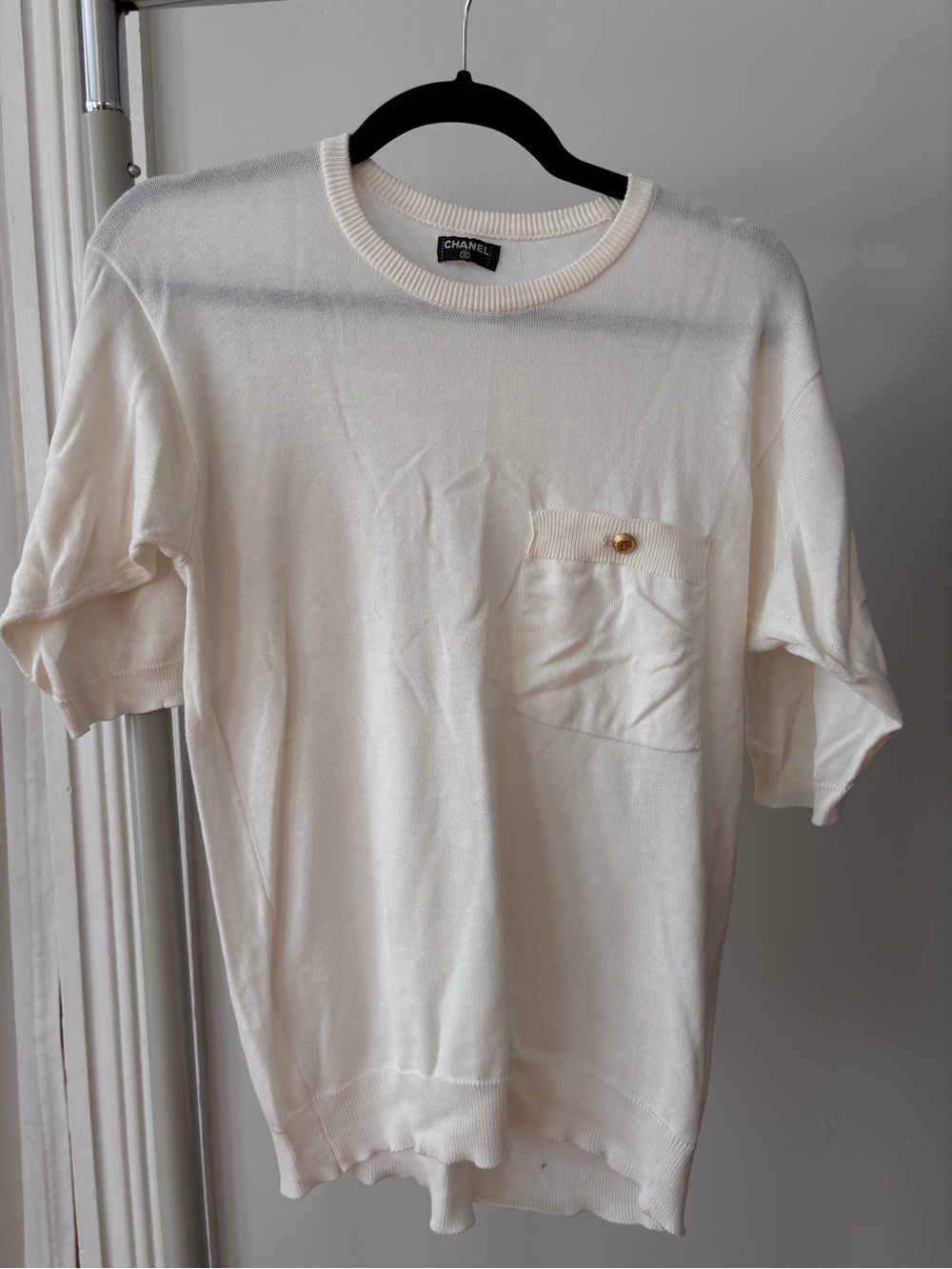 CHANEL Ivory Short-Sleeve Knit Top with Pocket Accent vintage